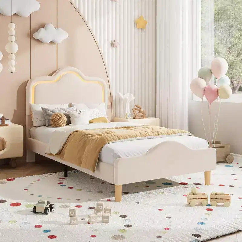 Cadre de lit princesse jumeau/double/grand format avec tête de lit réglable et revêtement en velours - Lit plateforme pour enfants