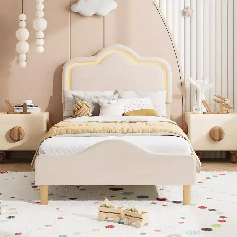 Twin/Full/Queen Princess Bed Frame with Adjustable Headboard & Velvet Upholstery - Kids Platform Bed