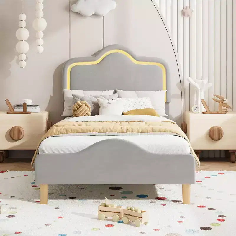 Cadre de lit princesse jumeau/double/grand format avec tête de lit réglable et revêtement en velours - Lit plateforme pour enfants