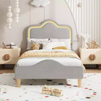 Cadre de lit princesse jumeau/double/grand format avec tête de lit réglable et revêtement en velours - Lit plateforme pour enfants