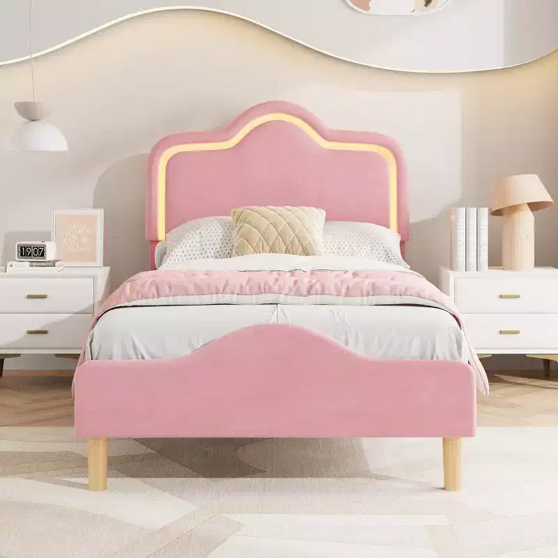 Cadre de lit princesse jumeau/double/grand format avec tête de lit réglable et revêtement en velours - Lit plateforme pour enfants