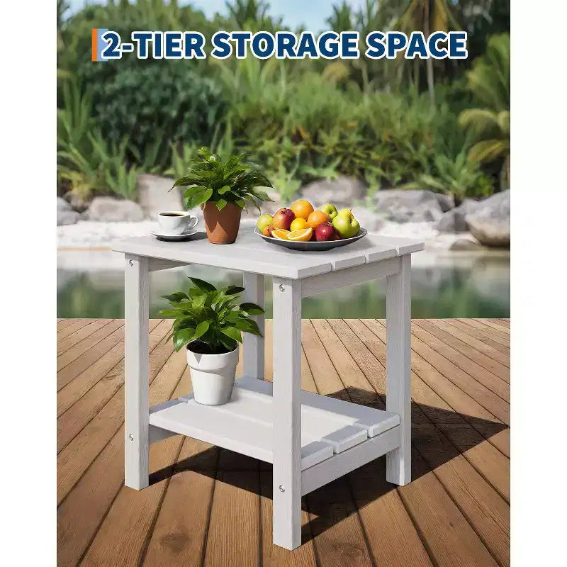 Table d'appoint d'extérieur à 2 niveaux, 45,7 cm, en PEHD, toutes saisons, pour terrasse, table d'appoint pour patio, piscine, intérieur, jardin, blanc - 2 pièces