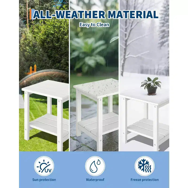 Table d'appoint d'extérieur à 2 niveaux, 45,7 cm, en PEHD, toutes saisons, pour terrasse, table d'appoint pour patio, piscine, intérieur, jardin, blanc - 2 pièces