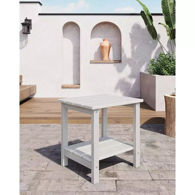 Table d'appoint d'extérieur à 2 niveaux, 45,7 cm, en PEHD, toutes saisons, pour terrasse, table d'appoint pour patio, piscine, intérieur, jardin, blanc - 2 pièces