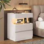 Table de chevet moderne COZONY avec lumière LED contrôlée par application, étagère ouverte en U, table de chevet avec station de charge, table d'appoint à 3 tiroirs avec port USB et prise de courant