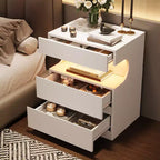 Table de chevet moderne COZONY avec lumière LED contrôlée par application, étagère ouverte en U, table de chevet avec station de charge, table d'appoint à 3 tiroirs avec port USB et prise de courant