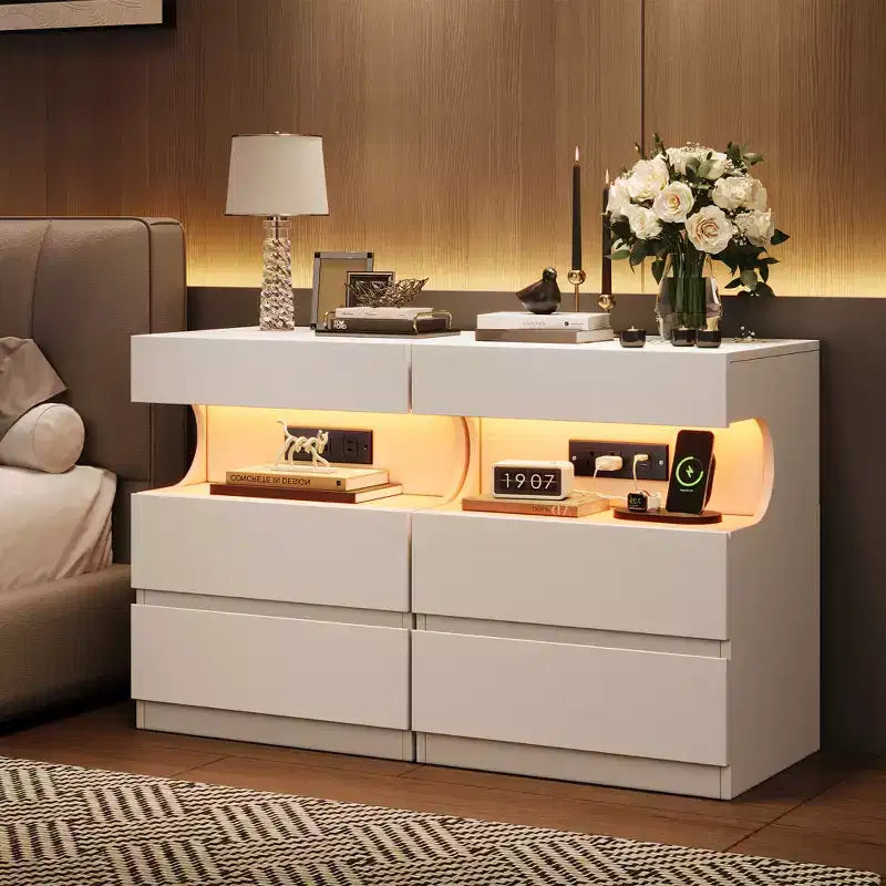 Table de chevet moderne COZONY avec lumière LED contrôlée par application, étagère ouverte en U, table de chevet avec station de charge, table d'appoint à 3 tiroirs avec port USB et prise de courant