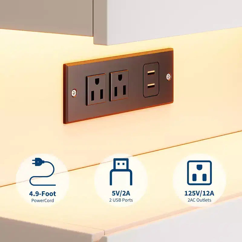 Table de chevet moderne COZONY avec lumière LED contrôlée par application, étagère ouverte en U, table de chevet avec station de charge, table d'appoint à 3 tiroirs avec port USB et prise de courant
