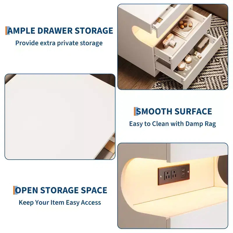 Table de chevet moderne COZONY avec lumière LED contrôlée par application, étagère ouverte en U, table de chevet avec station de charge, table d'appoint à 3 tiroirs avec port USB et prise de courant
