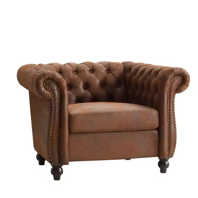 Fauteuil d'appoint Chesterfield moderne Whisen, fauteuil club avec accoudoirs arrondis, garniture cloutée et pieds en bois massif
