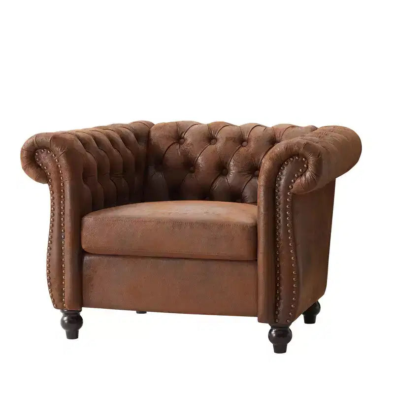 Fauteuil d'appoint Chesterfield moderne Whisen, fauteuil club avec accoudoirs arrondis, garniture cloutée et pieds en bois massif
