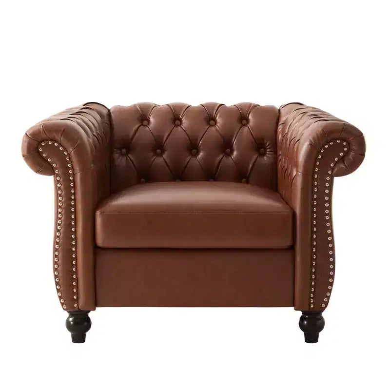 Fauteuil d'appoint Chesterfield moderne Whisen, fauteuil club avec accoudoirs arrondis, garniture cloutée et pieds en bois massif