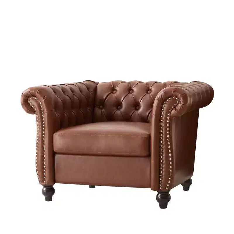 Fauteuil d'appoint Chesterfield moderne Whisen, fauteuil club avec accoudoirs arrondis, garniture cloutée et pieds en bois massif