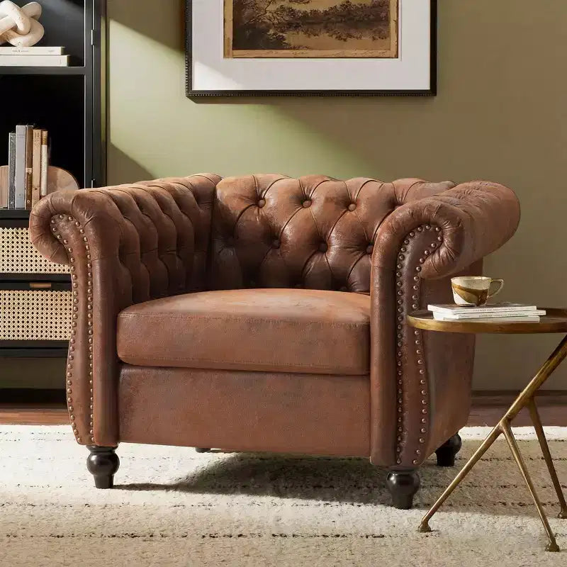 Fauteuil d'appoint Chesterfield moderne Whisen, fauteuil club avec accoudoirs arrondis, garniture cloutée et pieds en bois massif