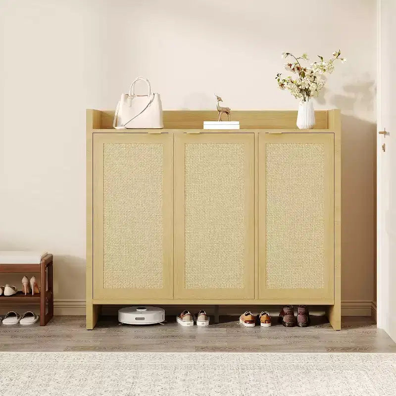 Meuble à chaussures en rotin, meuble de rangement pour chaussures en bois avec 3 portes et étagères réglables pour entrée, salon, couloir