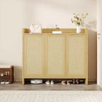 Meuble à chaussures en rotin, meuble de rangement pour chaussures en bois avec 3 portes et étagères réglables pour entrée, salon, couloir