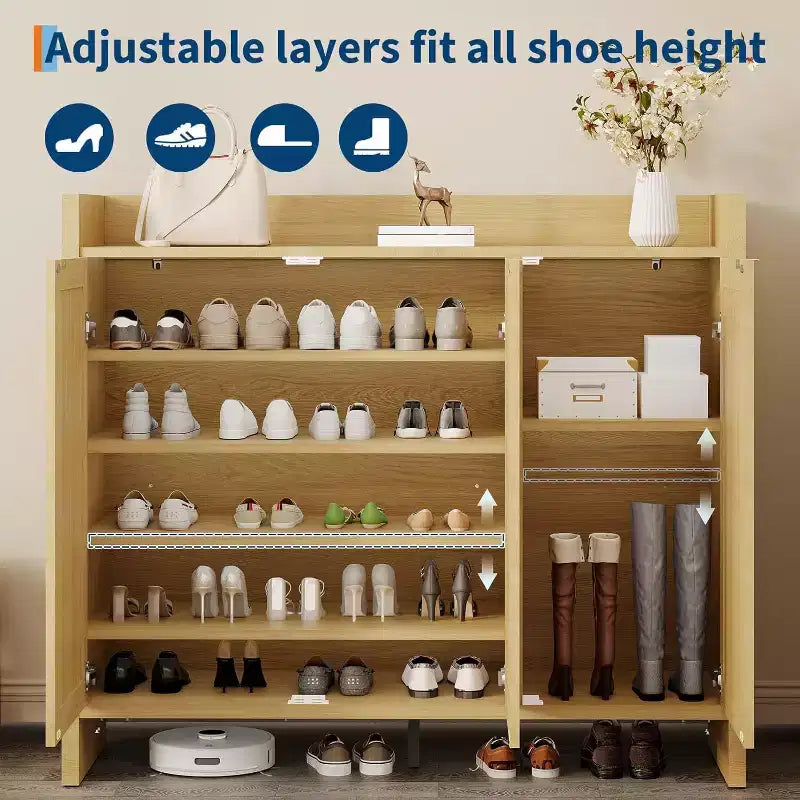 Meuble à chaussures en rotin, meuble de rangement pour chaussures en bois avec 3 portes et étagères réglables pour entrée, salon, couloir