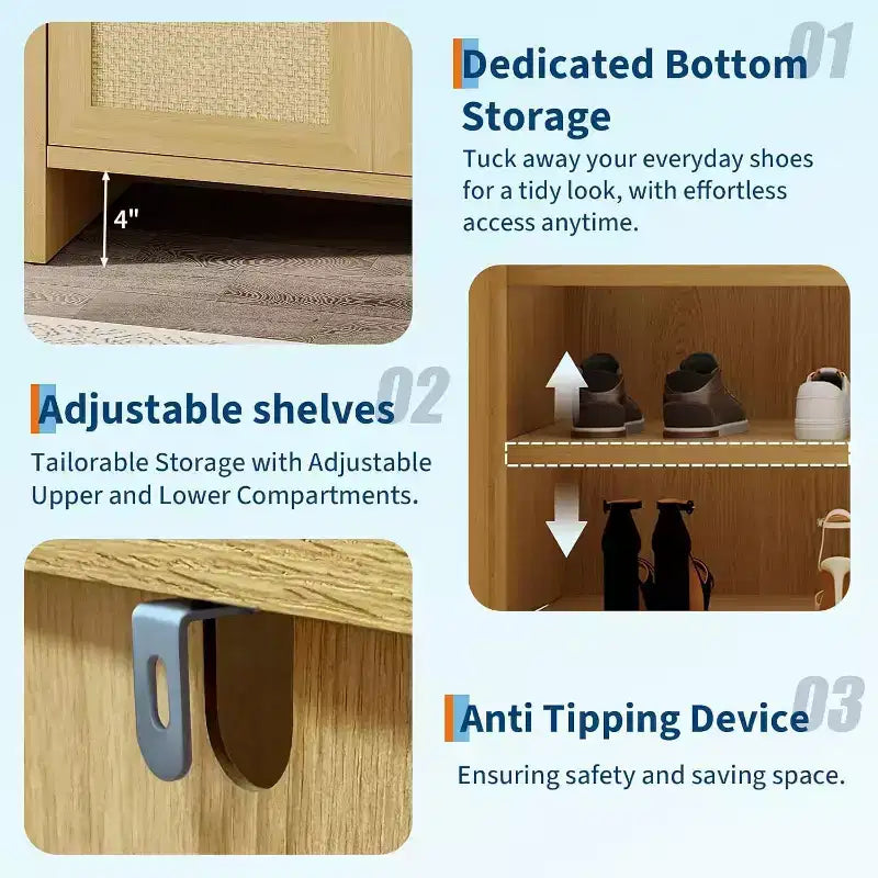 Meuble à chaussures en rotin, meuble de rangement pour chaussures en bois avec 3 portes et étagères réglables pour entrée, salon, couloir