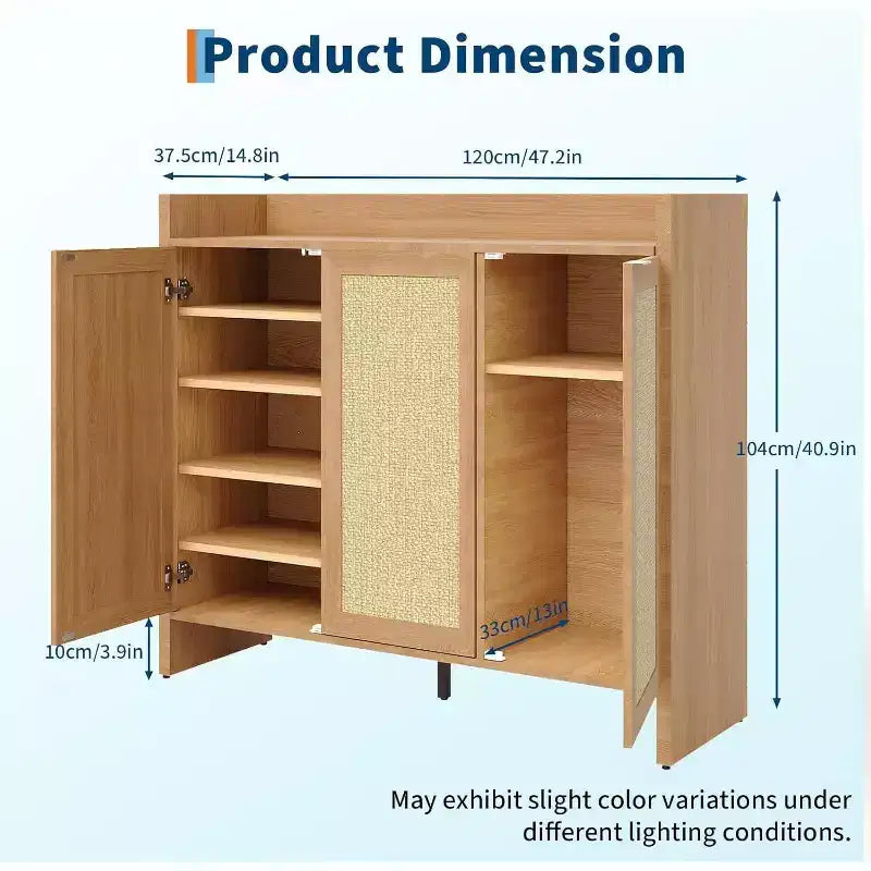 Meuble à chaussures en rotin, meuble de rangement pour chaussures en bois avec 3 portes et étagères réglables pour entrée, salon, couloir