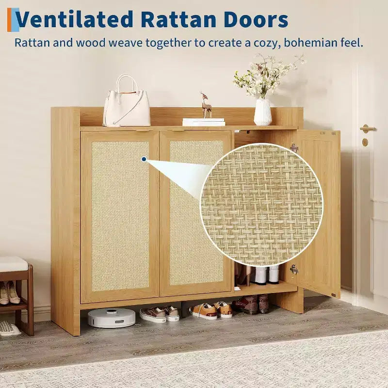 Meuble à chaussures en rotin, meuble de rangement pour chaussures en bois avec 3 portes et étagères réglables pour entrée, salon, couloir