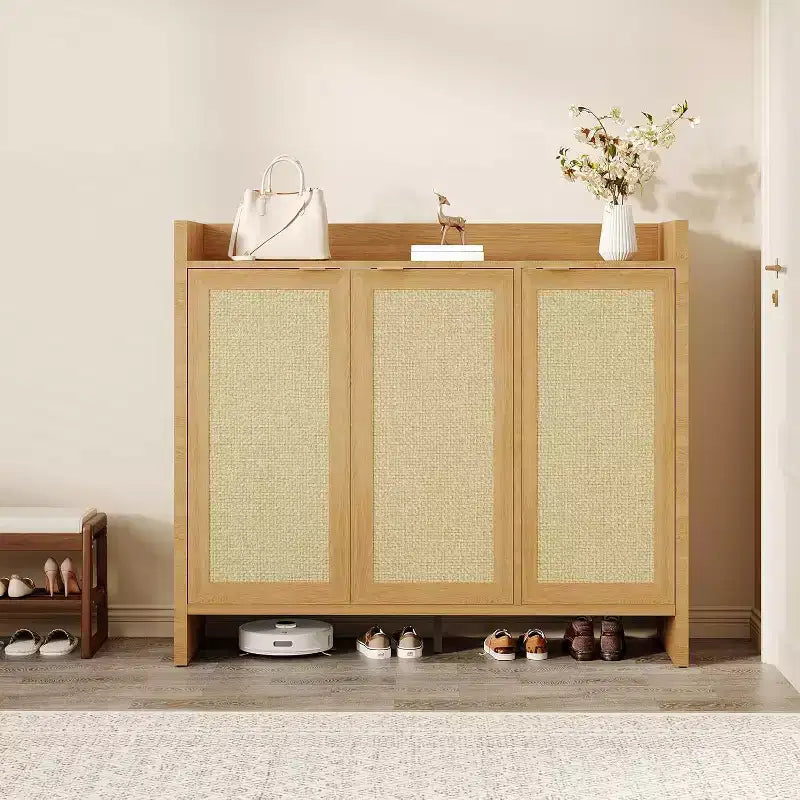 Meuble à chaussures en rotin, meuble de rangement pour chaussures en bois avec 3 portes et étagères réglables pour entrée, salon, couloir