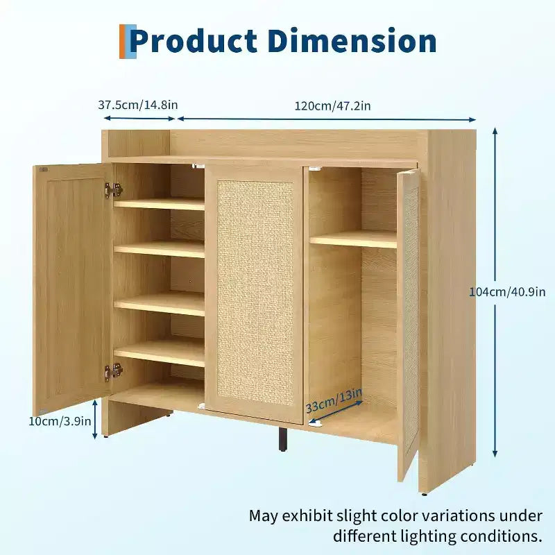 Meuble à chaussures en rotin, meuble de rangement pour chaussures en bois avec 3 portes et étagères réglables pour entrée, salon, couloir