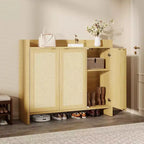 Meuble à chaussures en rotin, meuble de rangement pour chaussures en bois avec 3 portes et étagères réglables pour entrée, salon, couloir