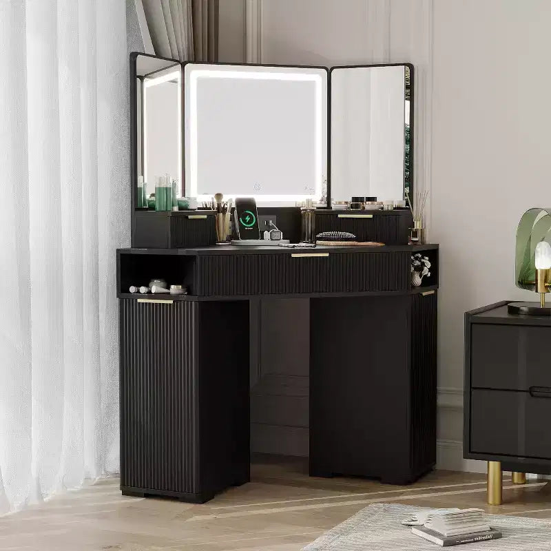 Coiffeuse d'angle, Table de maquillage cannelée avec tiroirs et armoires pour chambre à coucher, Meuble de maquillage d'angle, Noir