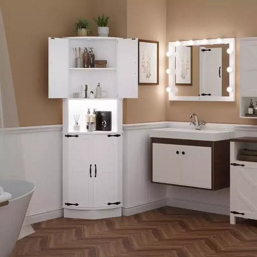 Meuble d'angle de ferme haut de 65 po, 5 étagères avec ports USB et prises, organisateur d'espace pour salon, bar, cuisine, salle de bain