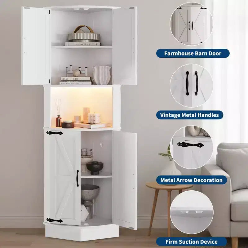 Meuble d'angle de ferme haut de 65 po, 5 étagères avec ports USB et prises, organisateur d'espace pour salon, bar, cuisine, salle de bain