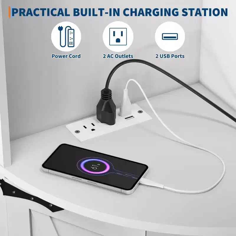 Meuble d'angle de ferme haut de 65 po, 5 étagères avec ports USB et prises, organisateur d'espace pour salon, bar, cuisine, salle de bain