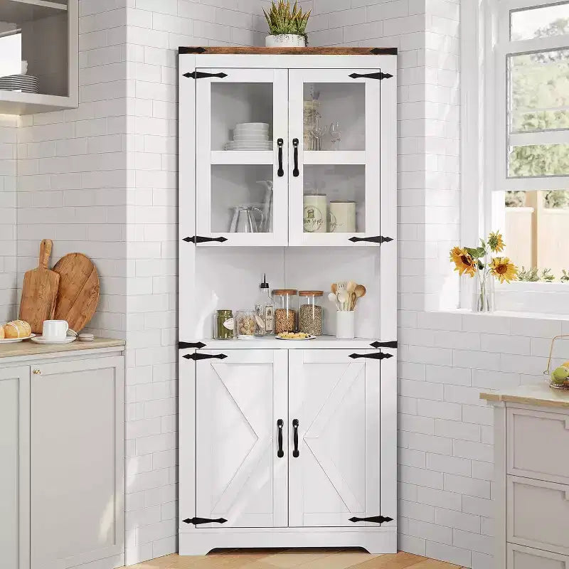 Tall Corner Cabinet, Farmhouse Style Storage with Glass Door & Adjustable Shelves for Kitchen & Bathroom