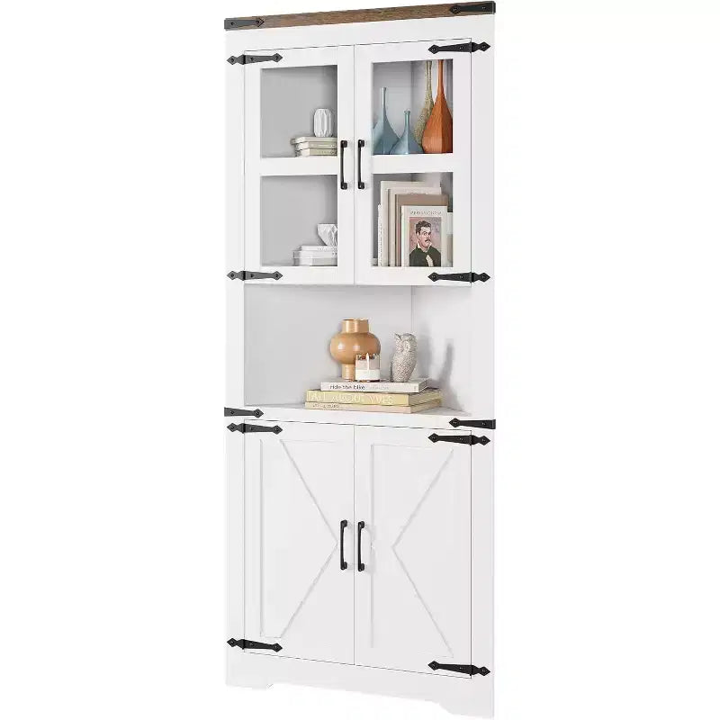 Meuble d'angle haut, style ferme avec porte vitrée et étagères réglables pour cuisine et salle de bain