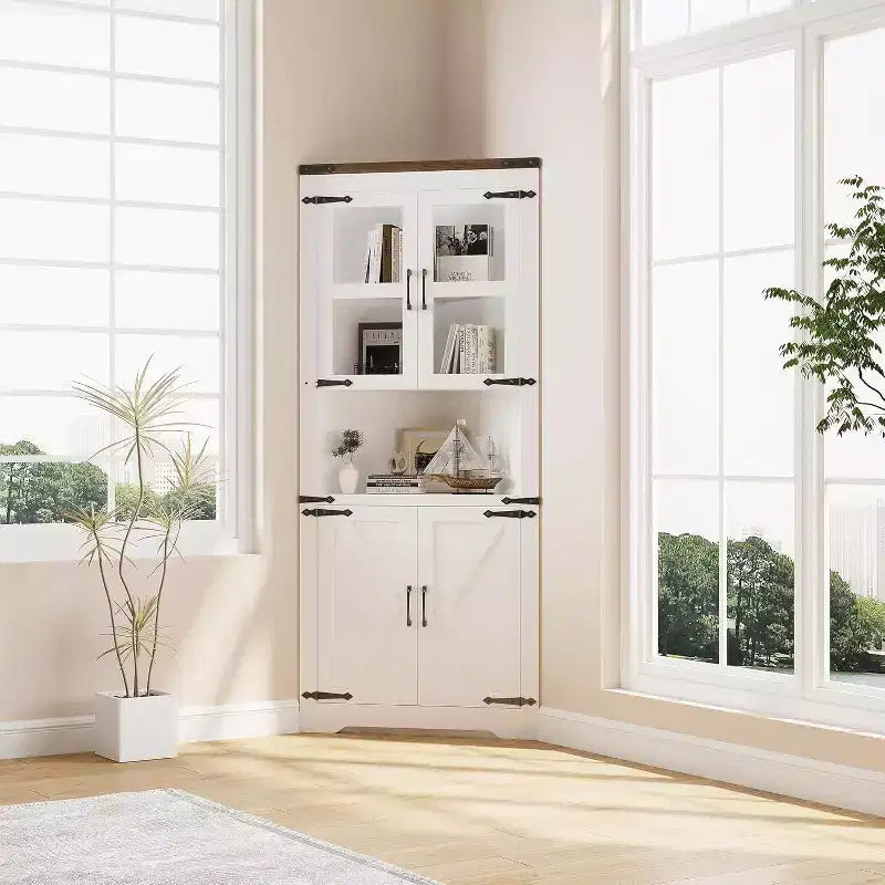 Meuble d'angle haut, style ferme avec porte vitrée et étagères réglables pour cuisine et salle de bain
