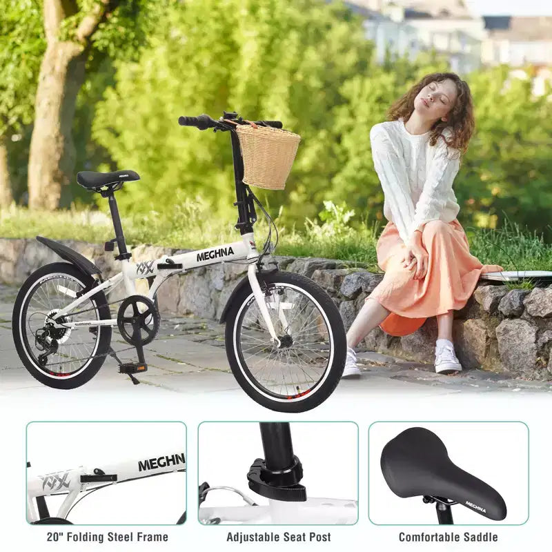 NAYSAYE Vélo pliant 20 pouces pour adultes avec panier, support de téléphone, garde-boue, cadre en acier 6 vitesses, double freins en V pour hommes et femmes, blanc, 61 x 26,38 x 42,13