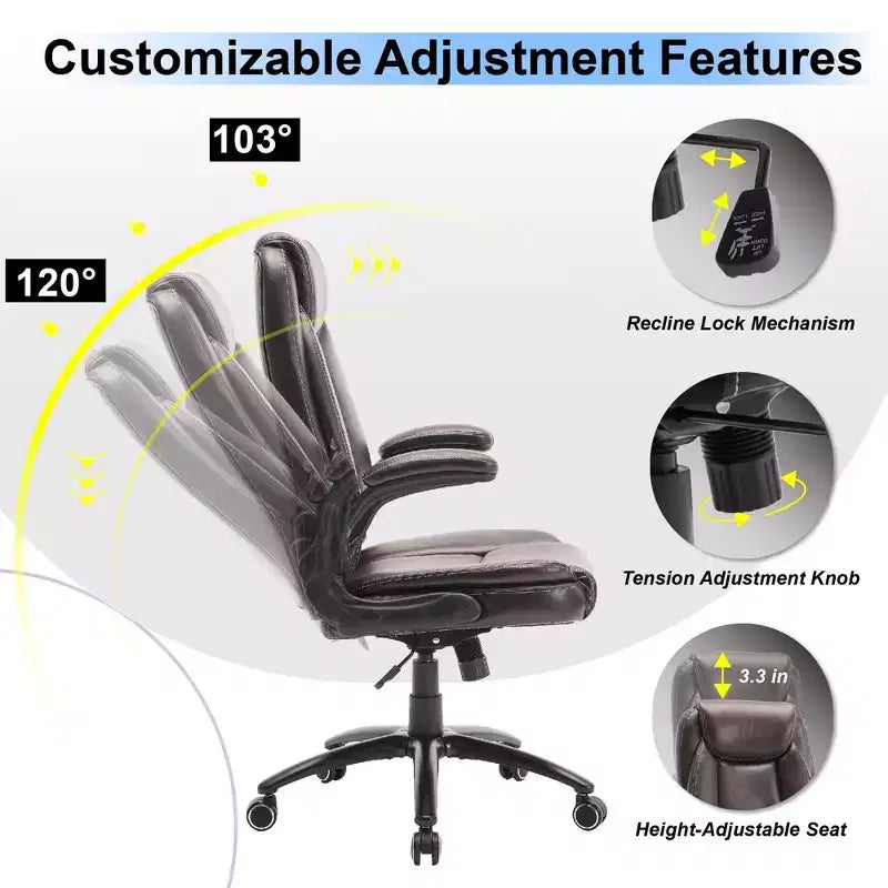 Chaise de bureau Ora Maison Big & Tall en cuir avec inclinaison et hauteur réglables et accoudoirs relevables