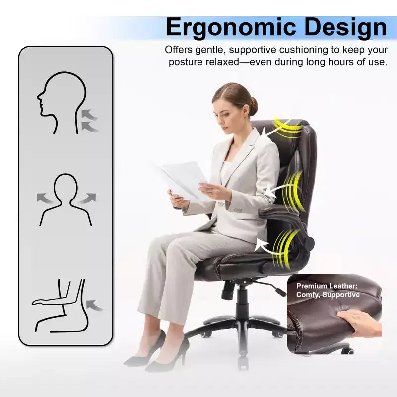 Chaise de bureau Ora Maison Big & Tall en cuir avec inclinaison et hauteur réglables et accoudoirs relevables