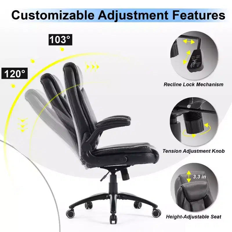 Chaise de bureau Ora Maison Big & Tall en cuir avec inclinaison et hauteur réglables et accoudoirs relevables