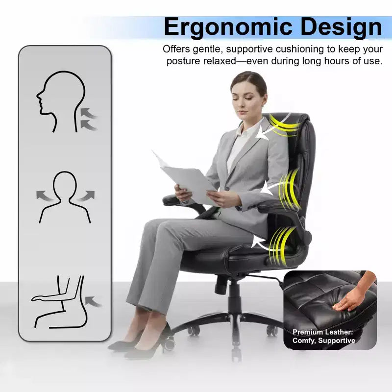 Chaise de bureau Ora Maison Big & Tall en cuir avec inclinaison et hauteur réglables et accoudoirs relevables