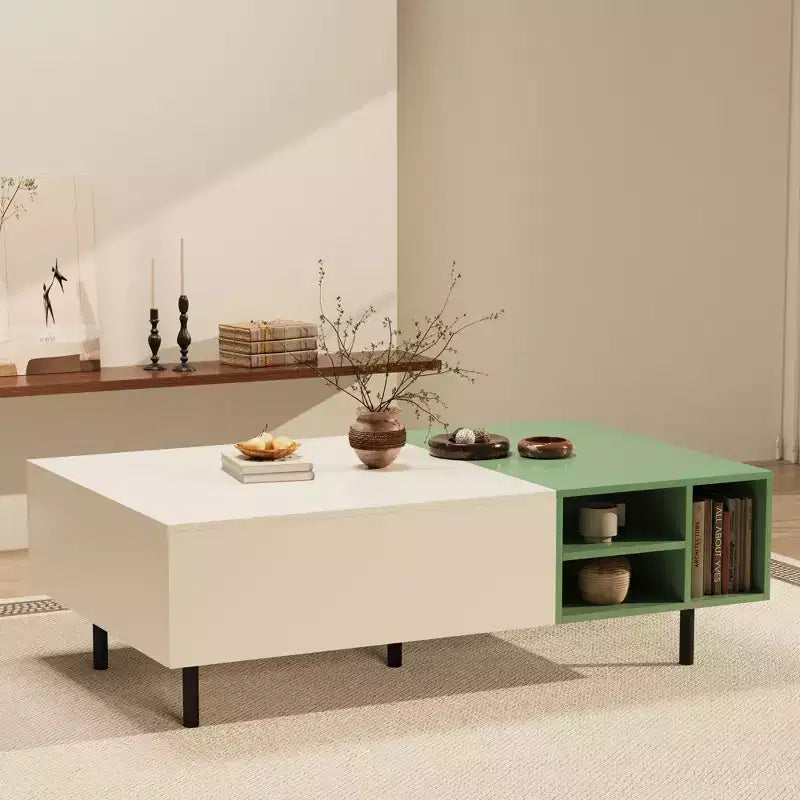 51.2 Inch Modern Color Block Coffee Table with Storage Mint Green and White Center Table with Drawers and Open Shelf for Living Room Gaoyangjiaju