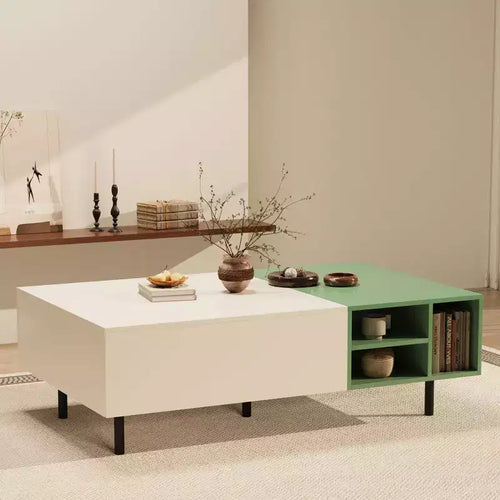 51.2 Inch Modern Color Block Coffee Table with Storage Mint Green and White Center Table with Drawers and Open Shelf for Living Room Gaoyangjiaju