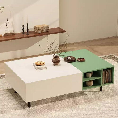 Table Basse Moderne Bicolore 129,5 cm avec Rangement Vert Menthe et Blanc Table d'Appoint avec Tiroirs et Étagère Ouverte pour Salon Gaoyangjiaju