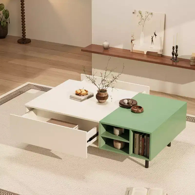 Table Basse Moderne Bicolore 129,5 cm avec Rangement Vert Menthe et Blanc Table d'Appoint avec Tiroirs et Étagère Ouverte pour Salon Gaoyangjiaju