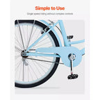 Vélo de croisière VEVOR, 1 vitesse, vélo de plage de 26 pouces bleu clair avec panier grande capacité et porte-bagages arrière, vélo de croisière sûr et robuste, bleu clair