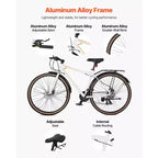 Vélo hybride VEVOR, cadre en aluminium léger, vélo hybride 700c pour hommes et femmes, vélos de ville urbains pour adultes avec cadre ouvert, blanc