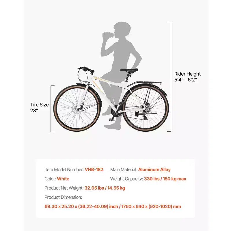 Vélo hybride VEVOR, cadre en aluminium léger, vélo hybride 700c pour hommes et femmes, vélos de ville urbains pour adultes avec cadre ouvert, blanc