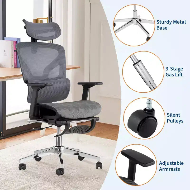 Chaise de bureau ergonomique, chaise de bureau confortable avec support lombaire haut et accoudoirs réglables en 3D, chaise pivotante pour le travail, les études, les jeux