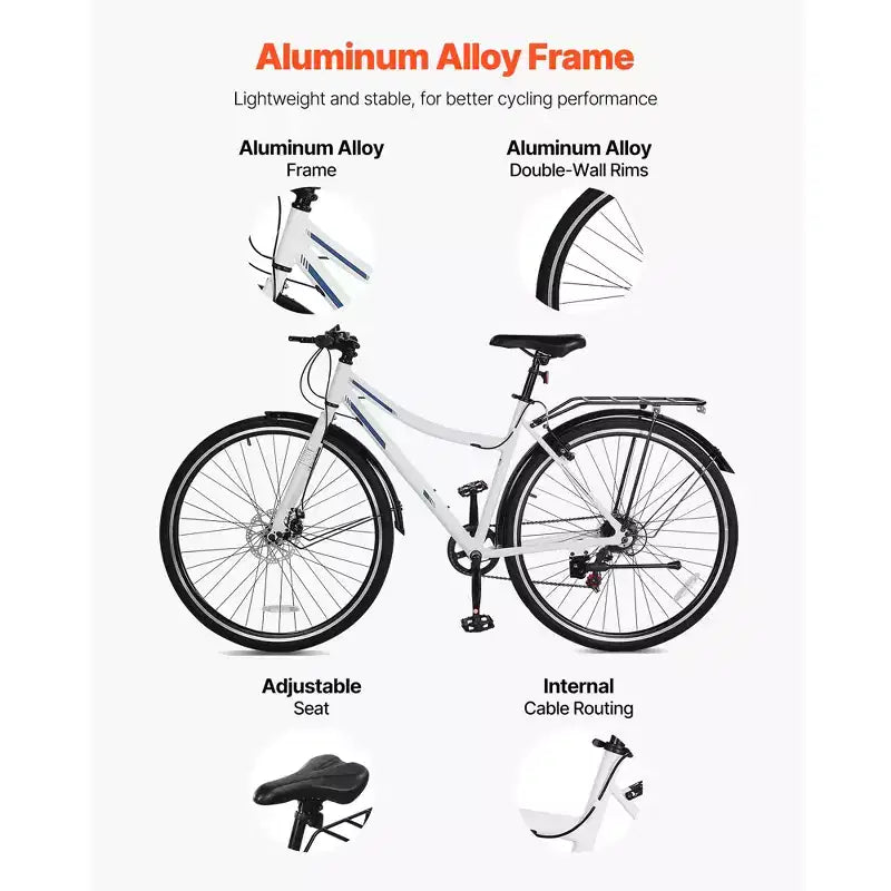 Vélo hybride VEVOR, cadre léger en aluminium, vélo hybride pour hommes et femmes avec roues de 700c, vélos de ville urbains à enjambement bas pour adultes, blanc