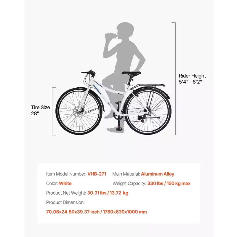 Vélo hybride VEVOR, cadre léger en aluminium, vélo hybride pour hommes et femmes avec roues de 700c, vélos de ville urbains à enjambement bas pour adultes, blanc