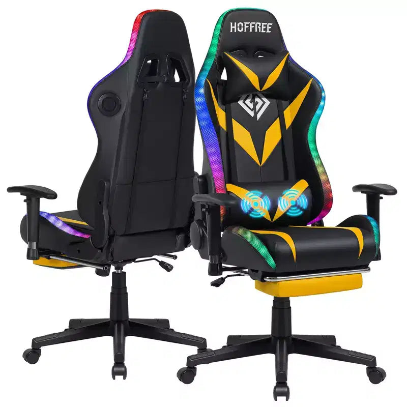 Fauteuil de jeu inclinable de massage Hoffree Chaise de bureau ergonomique pour PC avec haut-parleur Bluetooth et lumière RVB